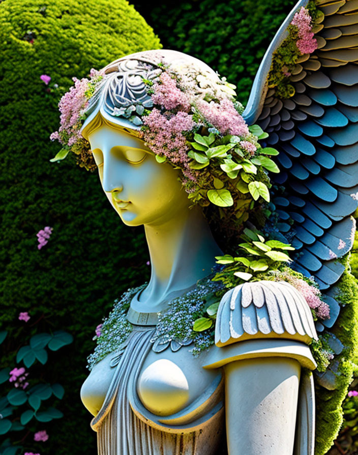 Stone angel overgrown with plants and flowers