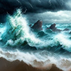 Stormy Ocean Scene with Towering Waves and Lightning Sky