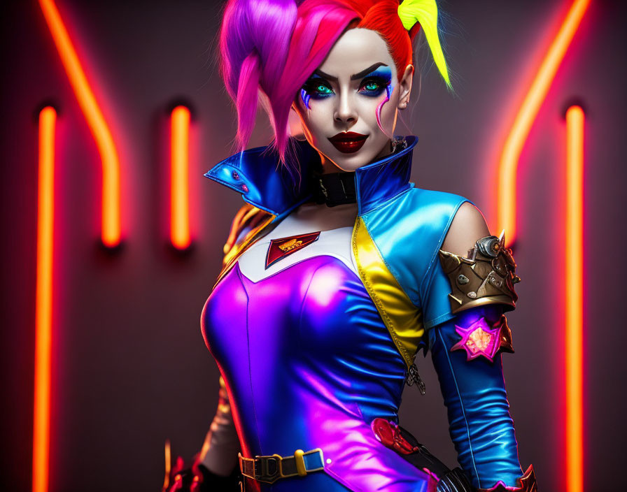 Colorful Woman with Pink and Yellow Hair in Futuristic Costume on Red Neon Background