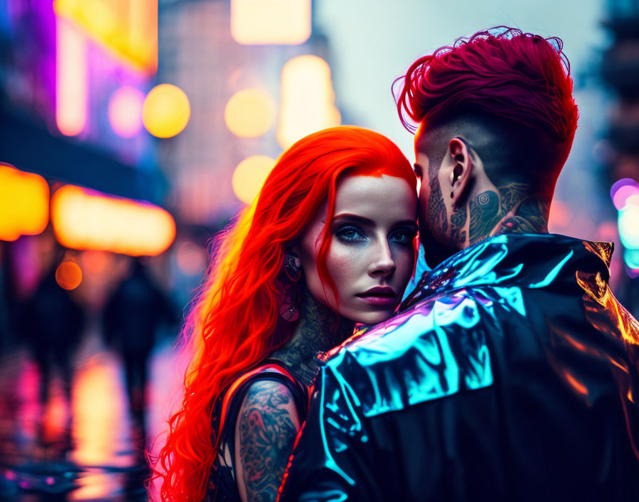Vibrant city scene with woman and man with red hair and tattoos