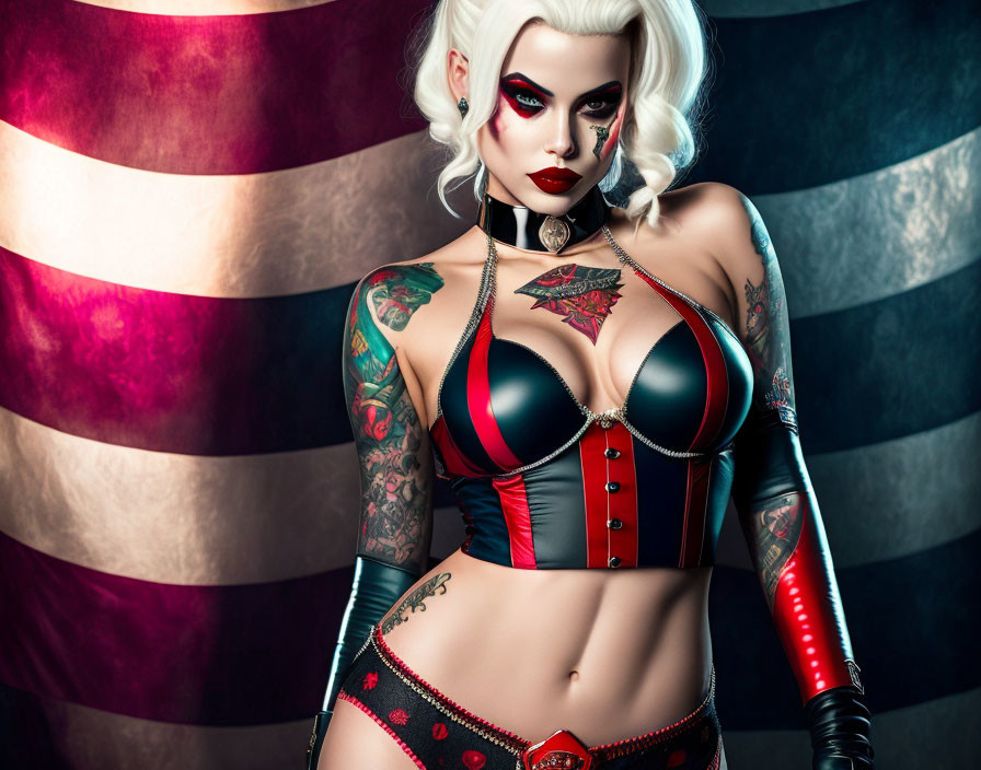 Illustrated female character with white hair, tattoos, red and black costume against striped background