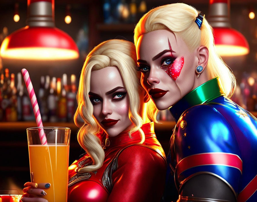 Stylized female characters with striking makeup in a bar setting