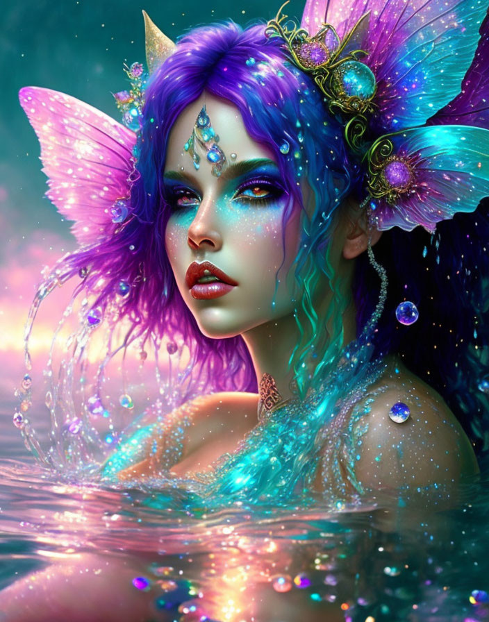 Colorful Fairy Illustration with Blue and Purple Hair and Iridescent Wings