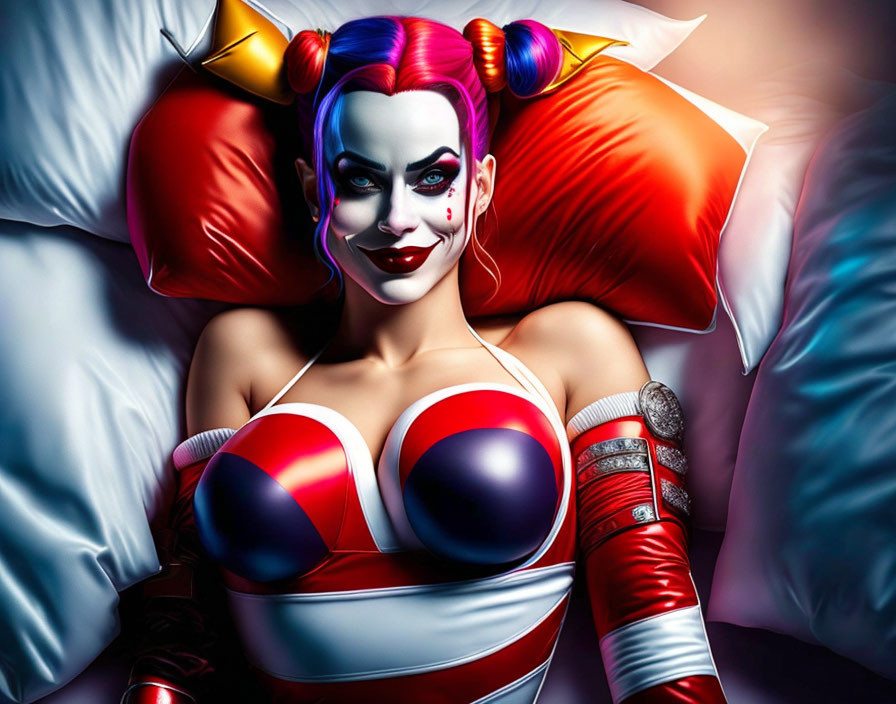 Colorful Harley Quinn Illustration on Bed with Pillows