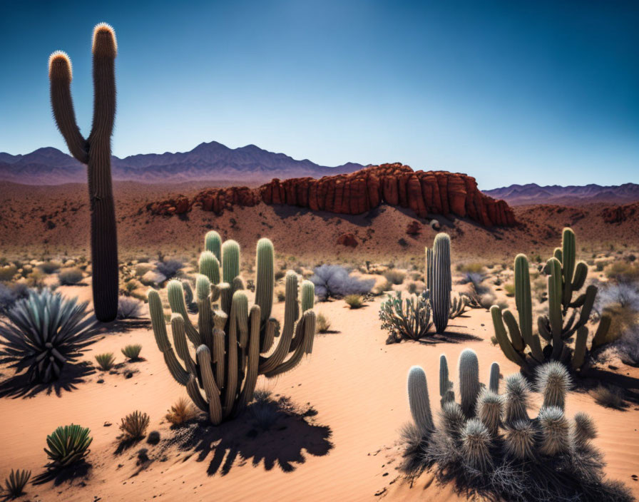 Tranquil desert scene with cacti and red rock formation