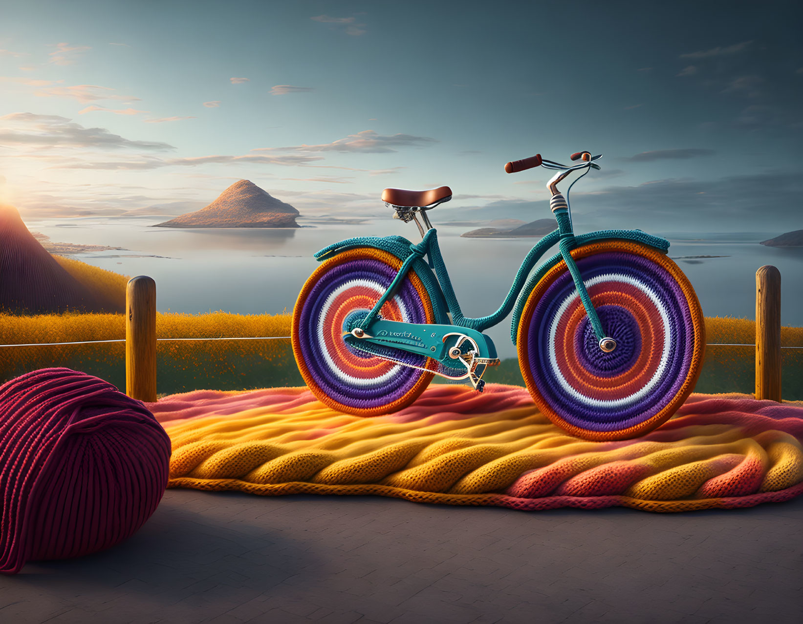 Surreal image of colorful bicycle on vibrant knitted ground by serene lakescape