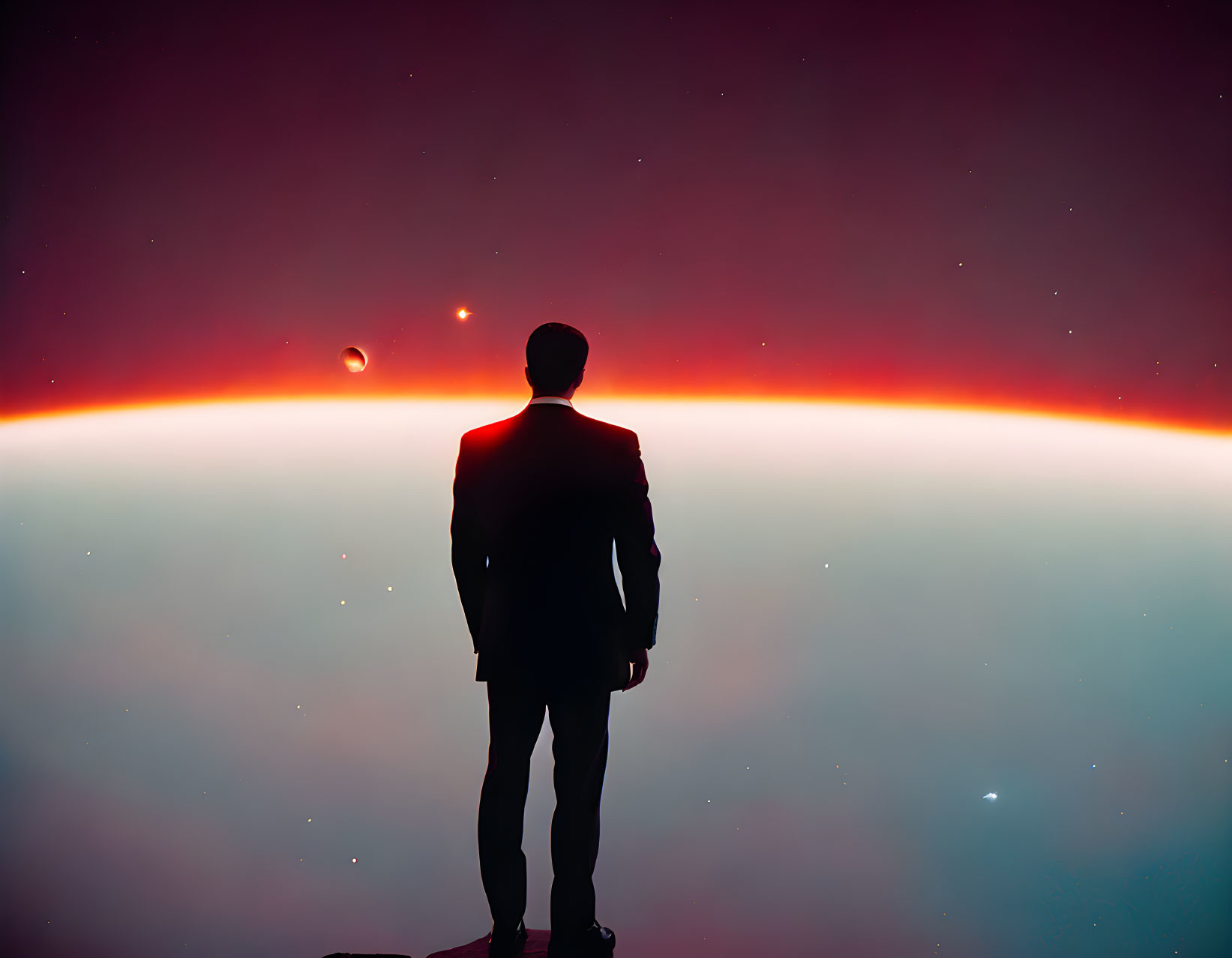 Silhouetted person against cosmic backdrop with vibrant horizon, planets, and stars