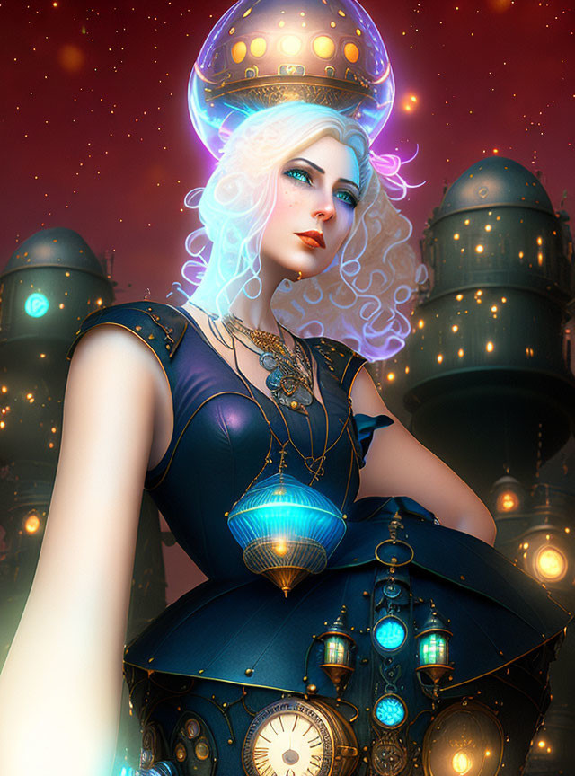 Digital artwork featuring woman with pale skin and white hair in futuristic dress with glowing orbs, amidst sophisticated structures