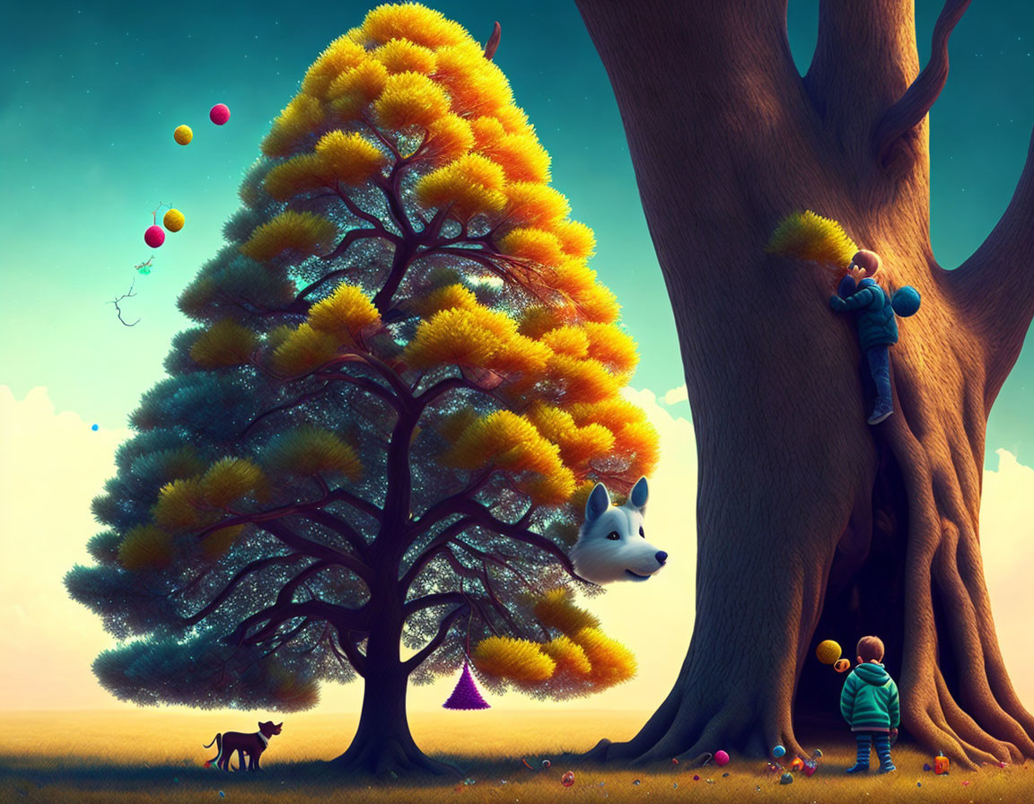 Colorful Tree with Climbing Figure, Dog-like Creature, Balloons, and Cat