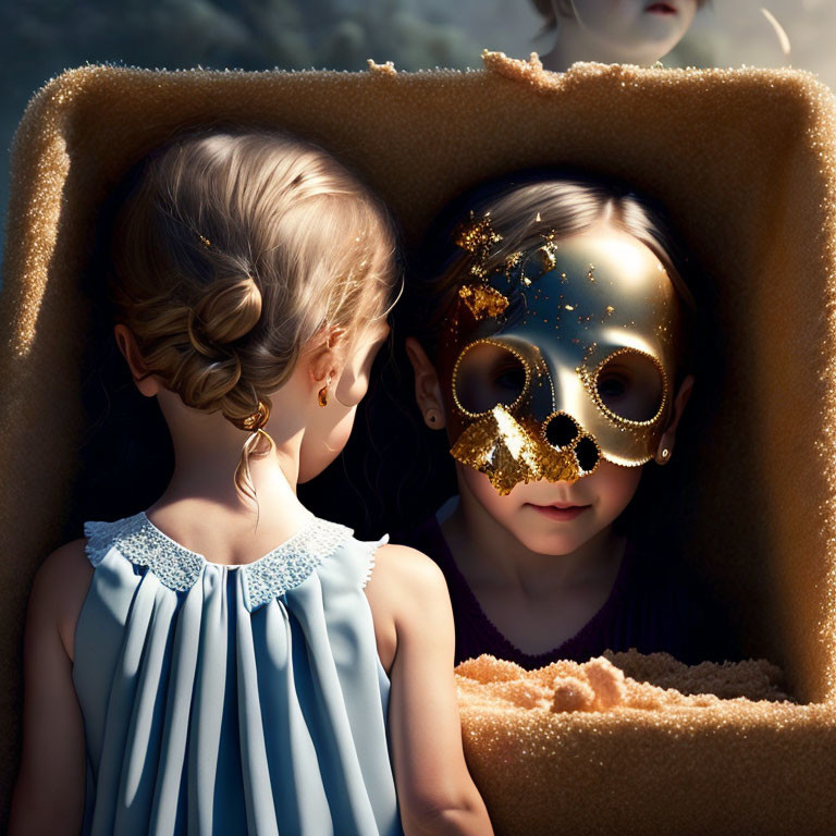 Children in blue dress and golden mask with braided hair in artwork.