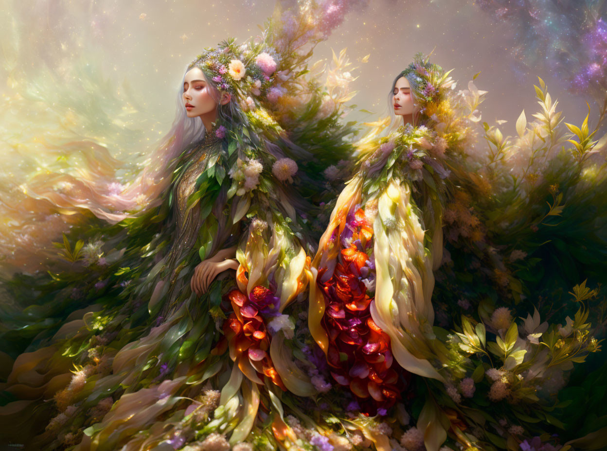Ethereal figures in floral attire on cosmic backdrop