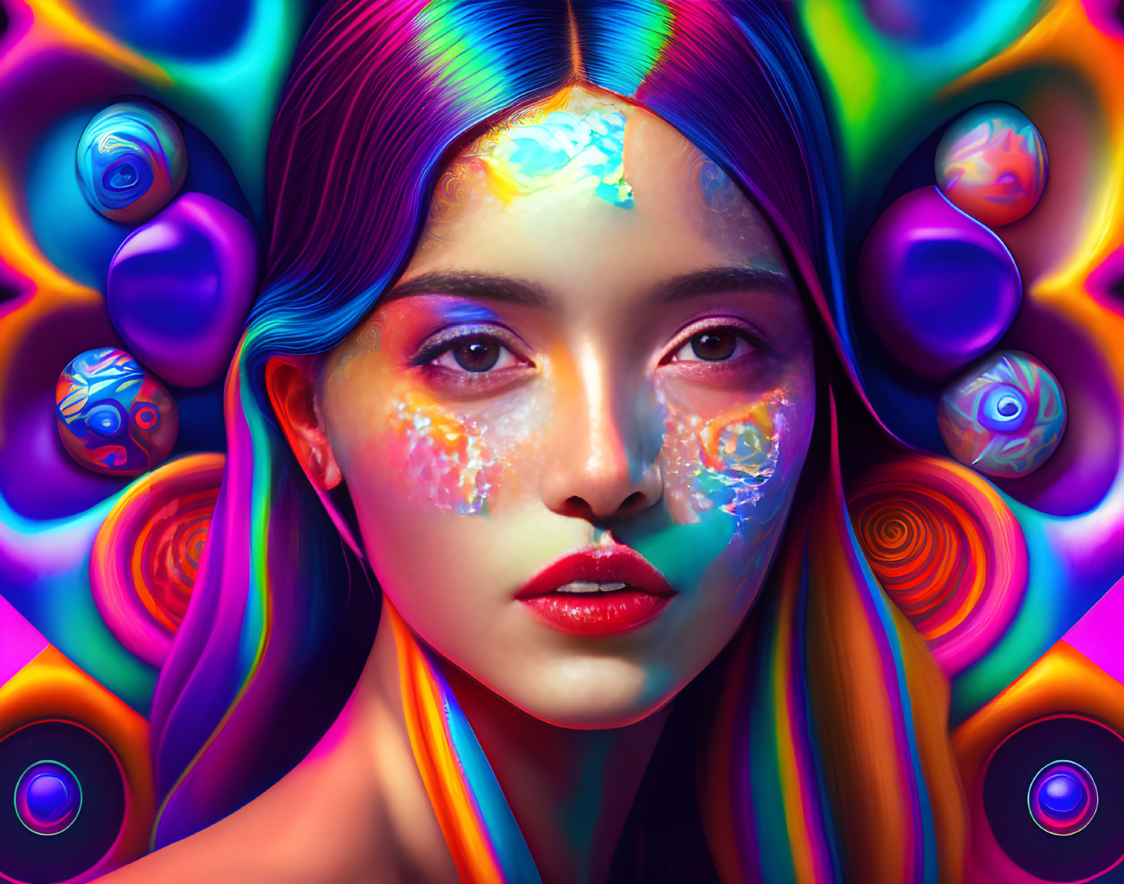 Colorful digital artwork of woman with multicolored skin in abstract circular patterns