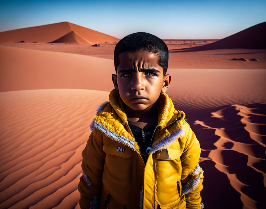 Boy in yellow jacket with serious expression in desert setting