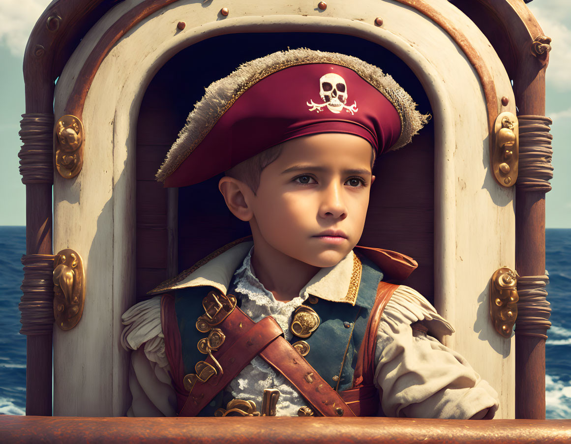 Young boy in pirate costume with red hat and skull emblem gazes out ship window over blue sea.