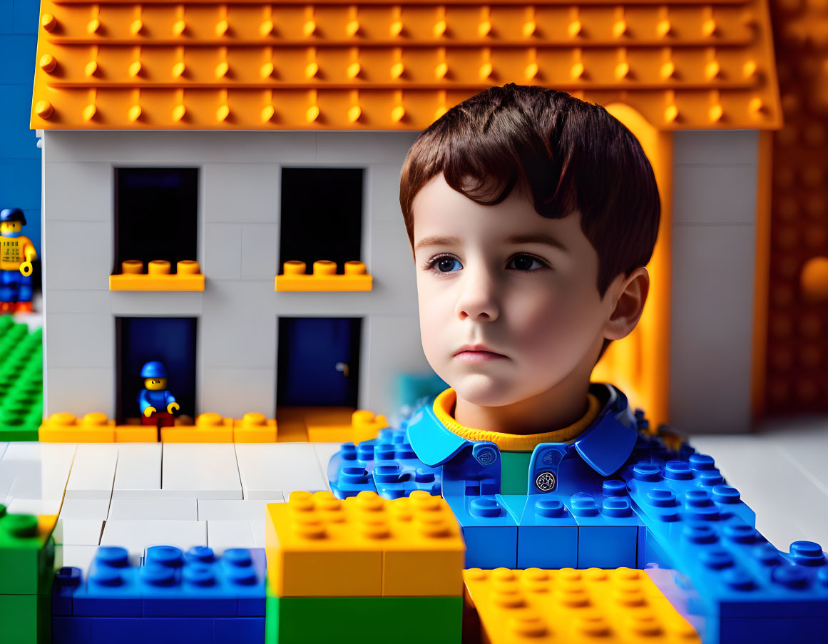 Child superimposed in colorful toy building block scene
