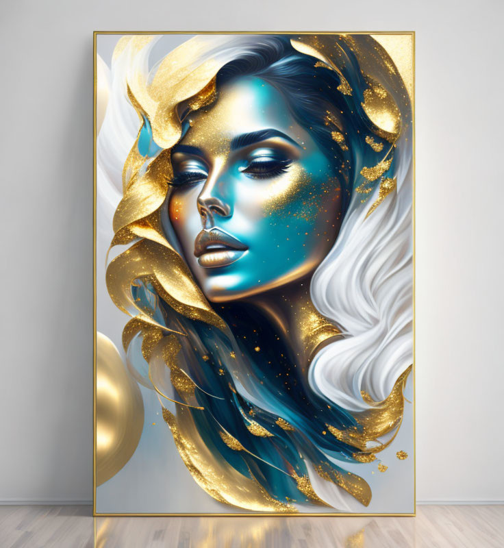 Portrait of Woman with White Hair and Gold Leaf Accents in Framed Display