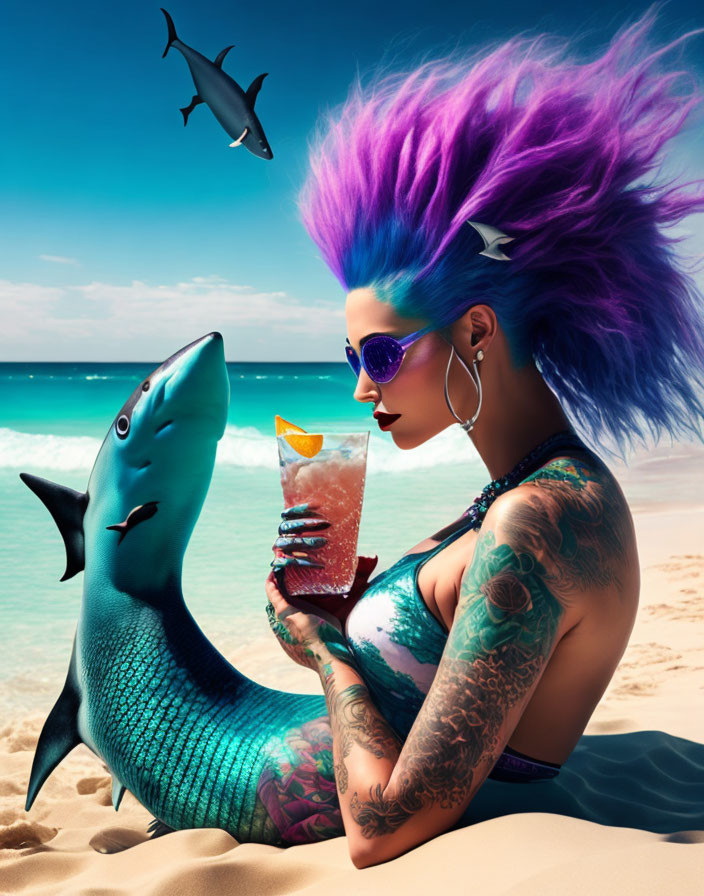 Mermaid Shark with a Cocktail