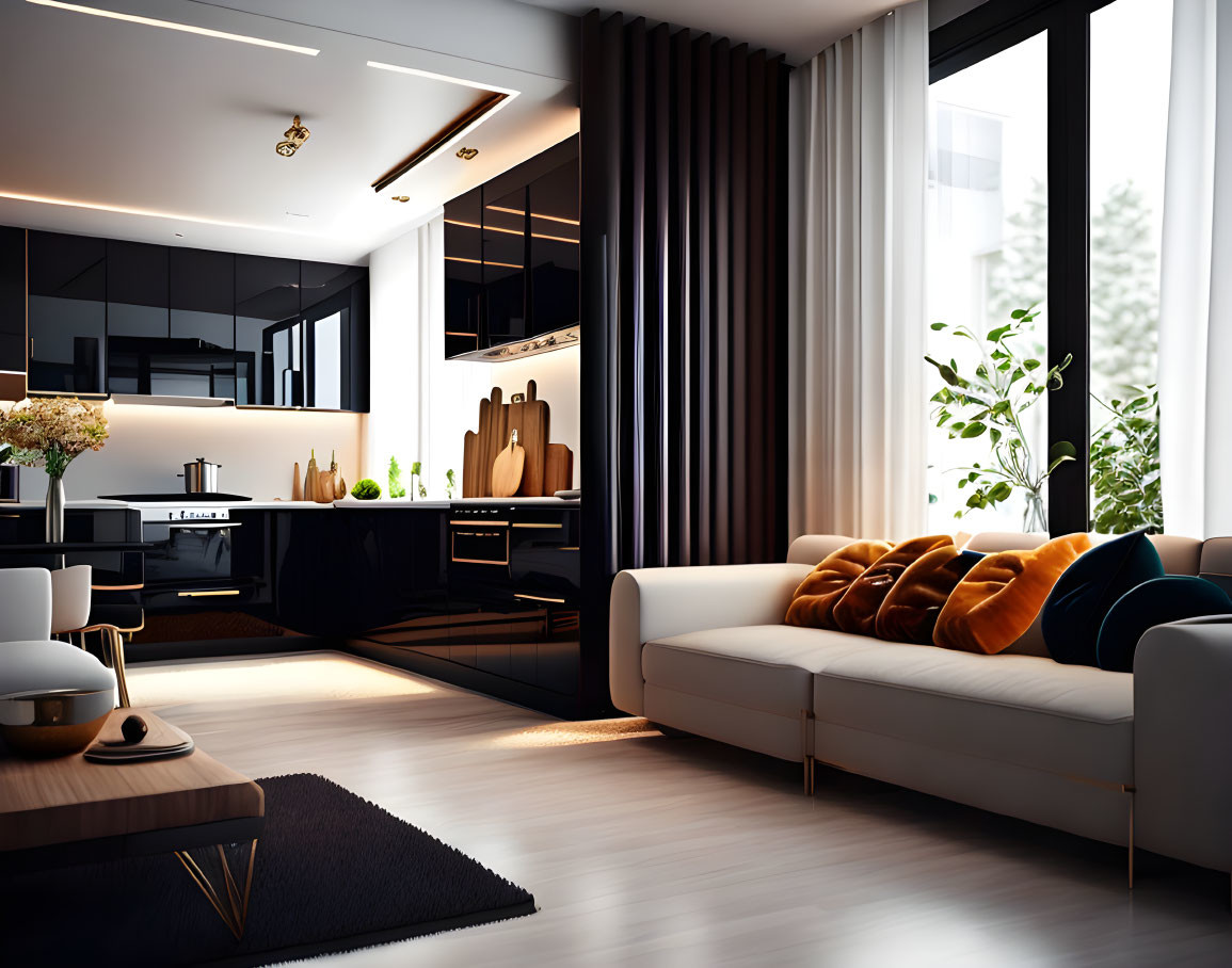interior modern kitchen-living room, deep color