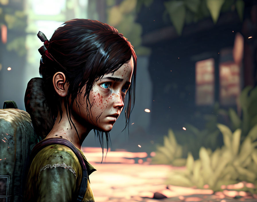 Young girl with dirt and blood in post-apocalyptic setting