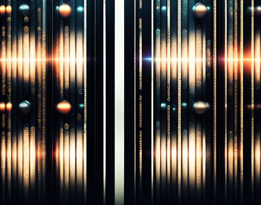 Vertical Glowing Light Streams with Lens Flares on Dark Background