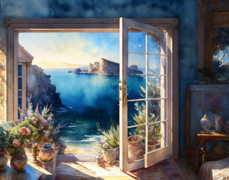 Coastal landscape view through open window in room with flowers.