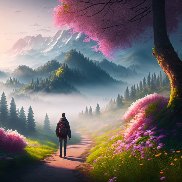 Person with Backpack Surrounded by Blooming Pink Trees and Foggy Mountains at Dawn