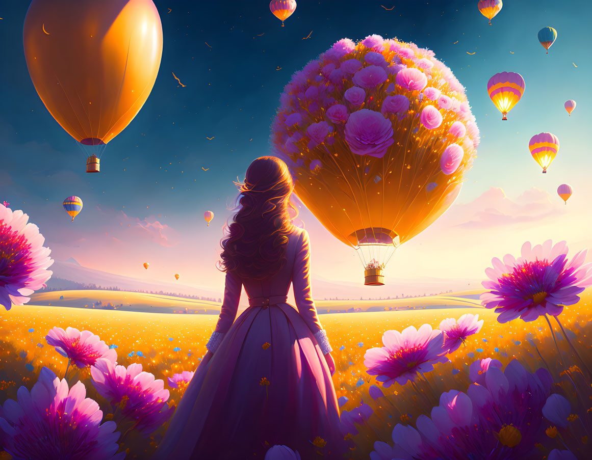 Woman in Purple Dress Observing Hot Air Balloons in Flower Field