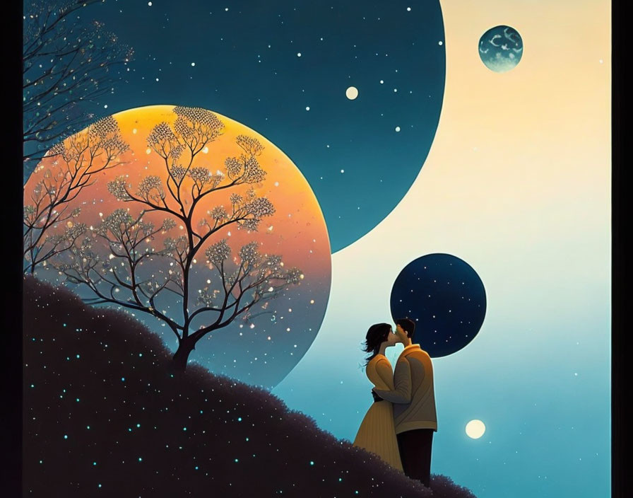 Romantic couple under surreal sky with multiple moons and planets.