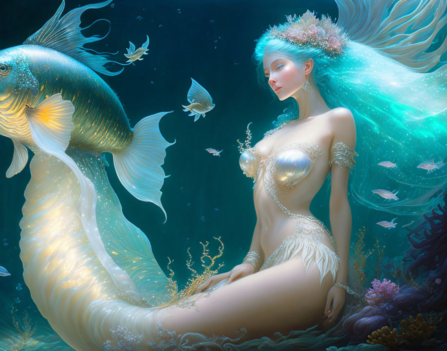 Ethereal underwater scene with mermaid, fish, and coral