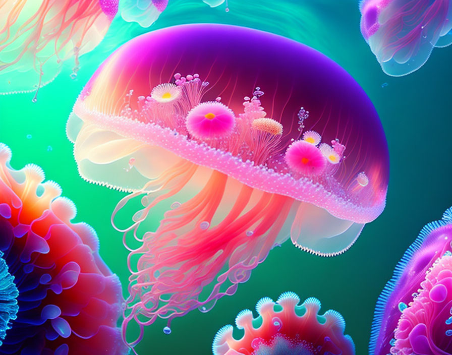 Colorful Jellyfish with Long Tentacles in Blue-Green Underwater Scene