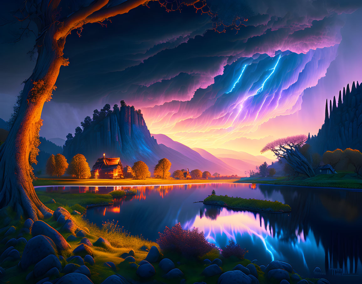 Vivid digital artwork of tranquil lakeside scene at twilight with purple sky and electric-blue lightning bolts