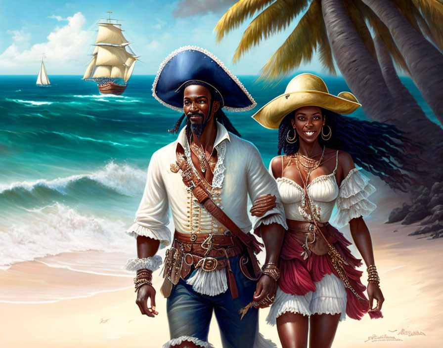 Pirate couple on tropical beach with ship and palm trees