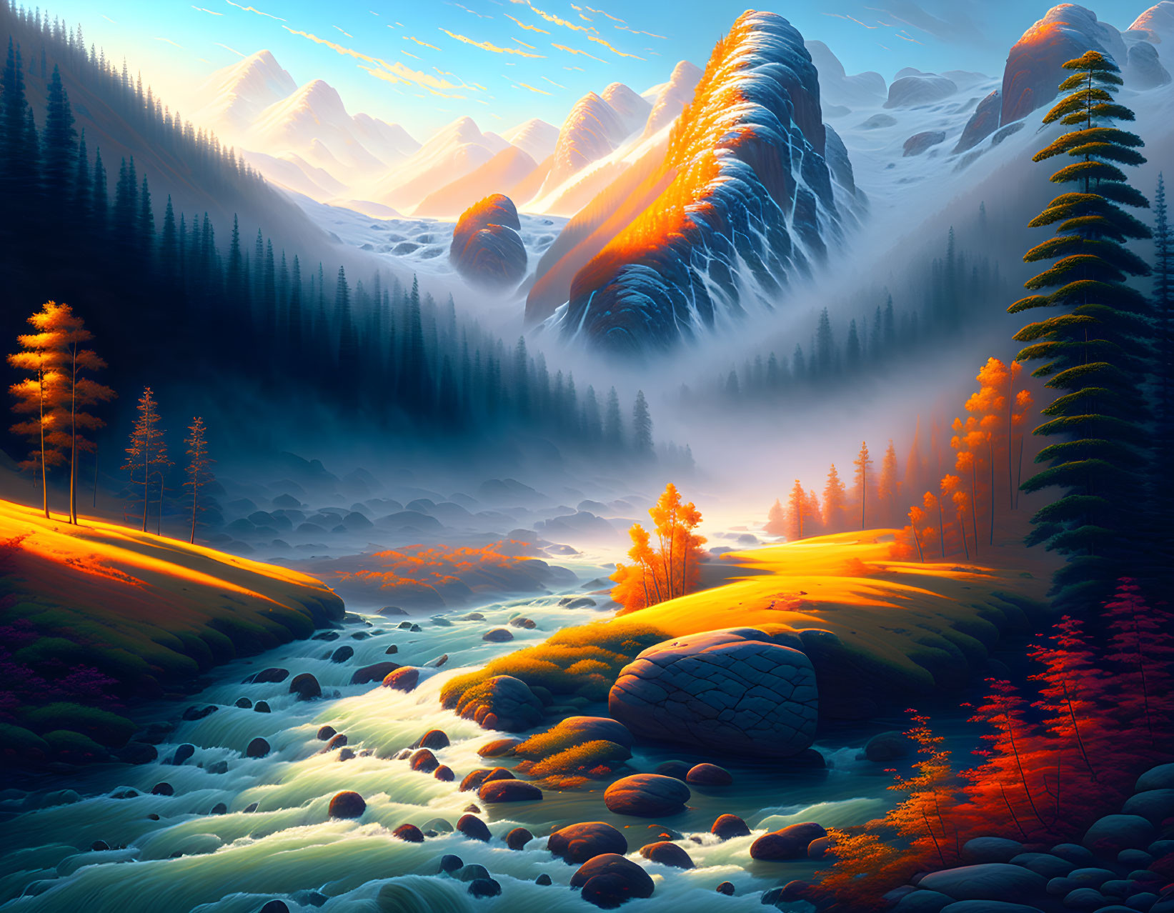 Misty mountainous landscape at sunrise with river and forest in warm light