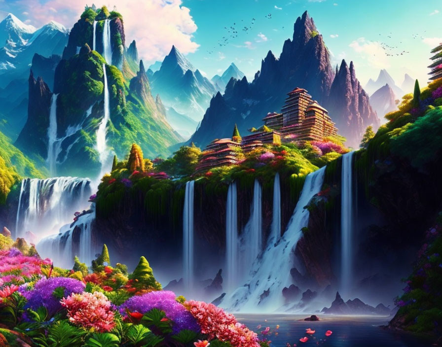 Majestic waterfalls in vibrant Asian landscape