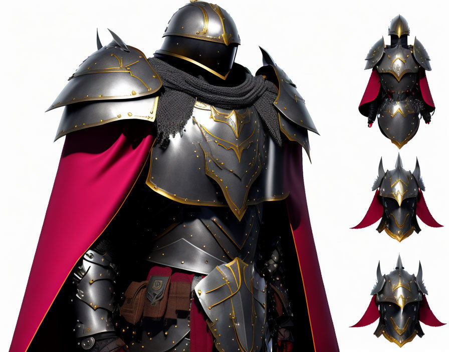 Detailed Medieval Knight's Black Armor with Gold Trim & Red Cape