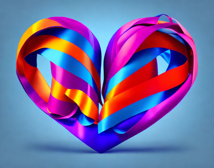Colorful 3D Heart Sculpture with Glossy Ribbons on Blue Background