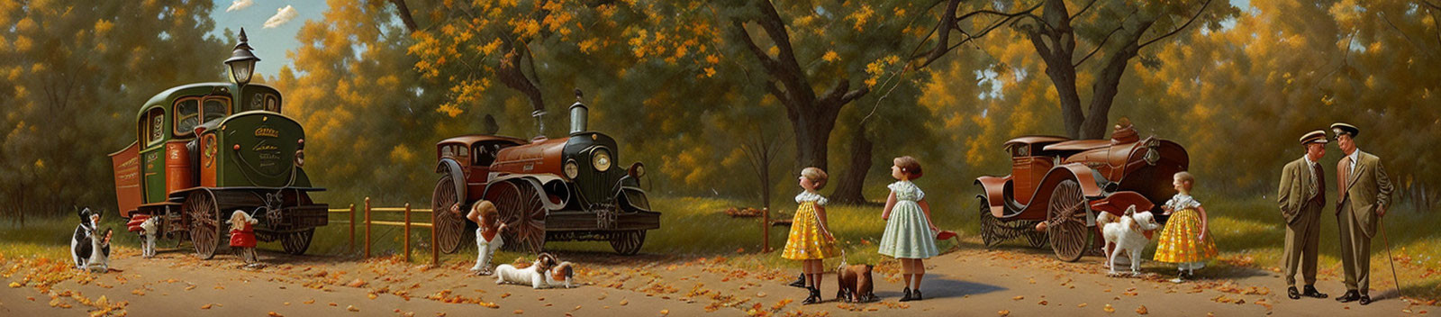 Autumnal Scene with Vintage Train Carriages and People in Nature