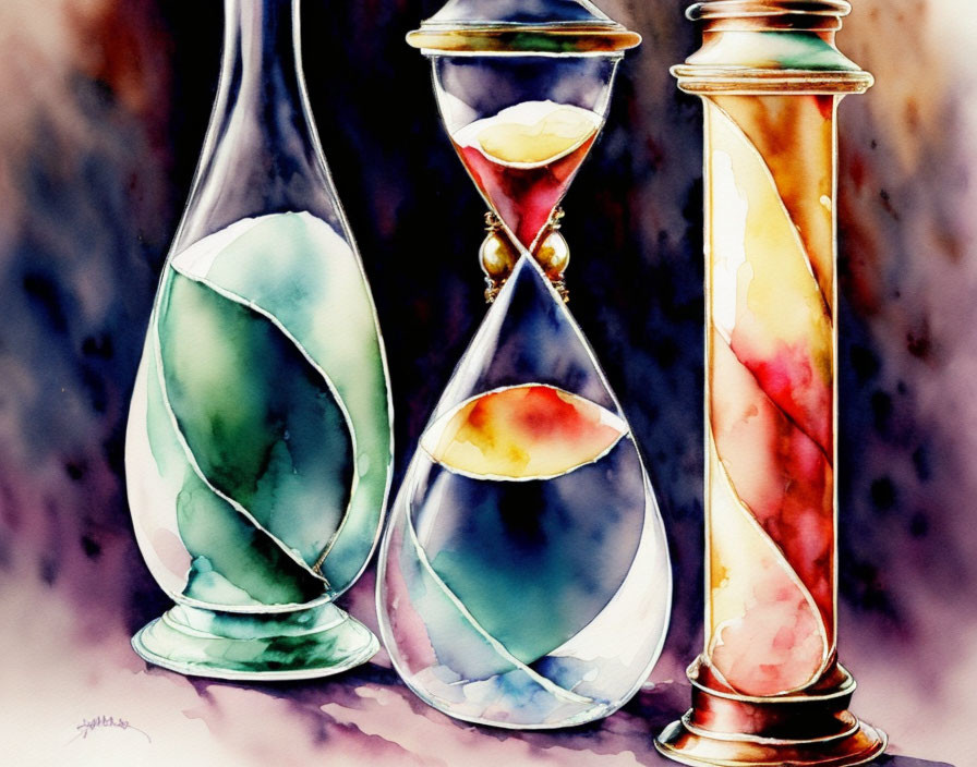 Colorful Watercolor Painting of Tilted Hourglasses on Speckled Background