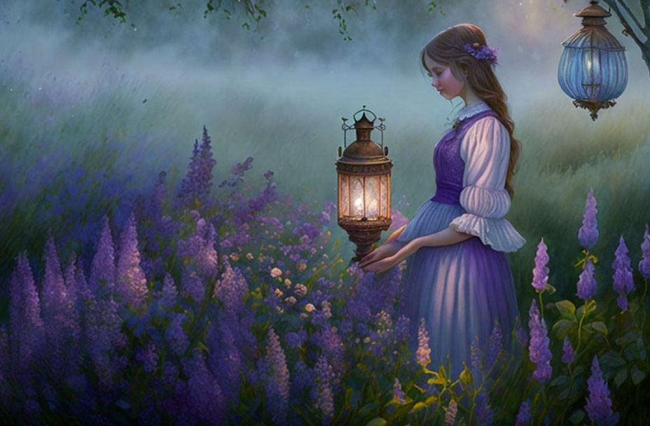 Woman in Purple Dress with Lantern Among Lavender Flowers at Dusk