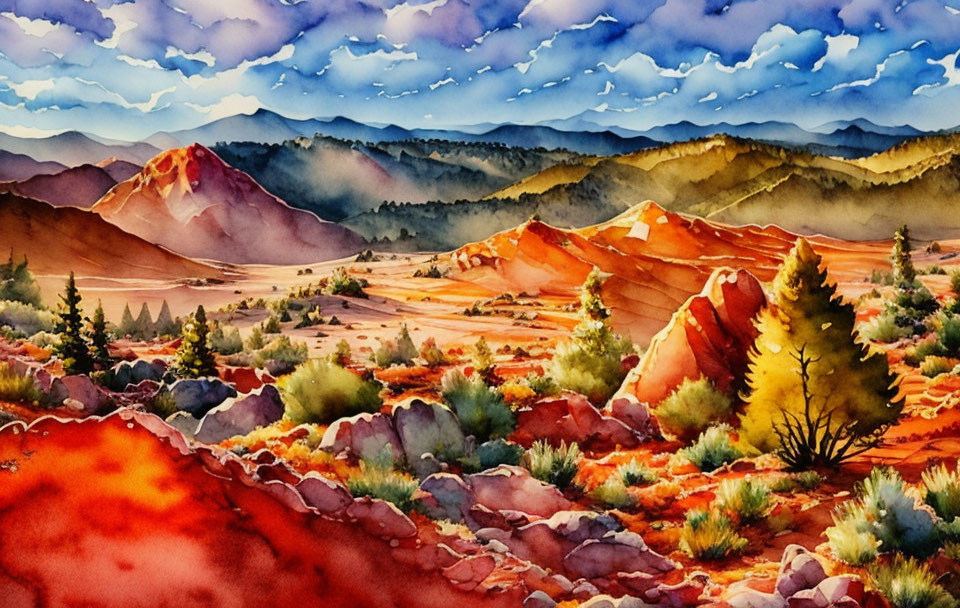 Colorful Watercolor Landscape of Rolling Hills under Cloudy Sky