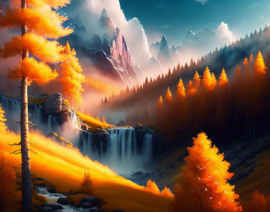 Scenic landscape with golden-orange trees, waterfall, misty mountains, and warm glowing light.