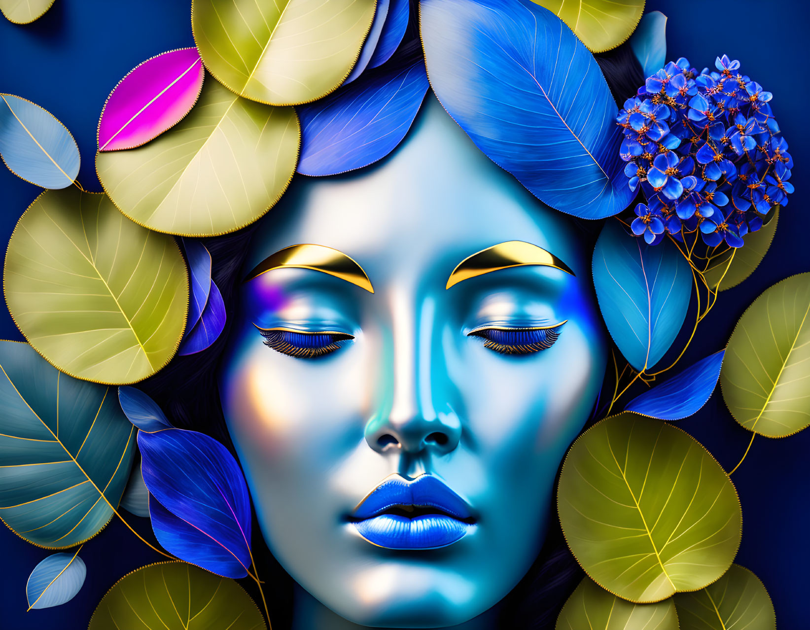 Stylized portrait with vibrant blue skin, green leaves, blue flowers, bold makeup, closed eyes