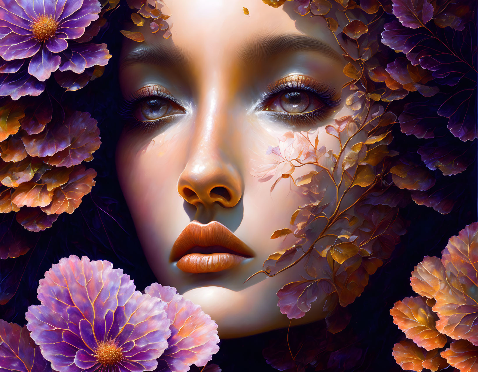 Surreal Woman's Face with Purple Flowers and Autumn Leaves Integration