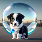 Border Collie puppy in giant bubble under twilight sky with pebbles