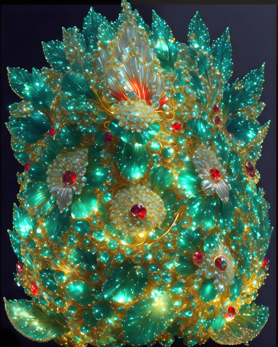 Intricate golden object with teal crystals and red gemstones