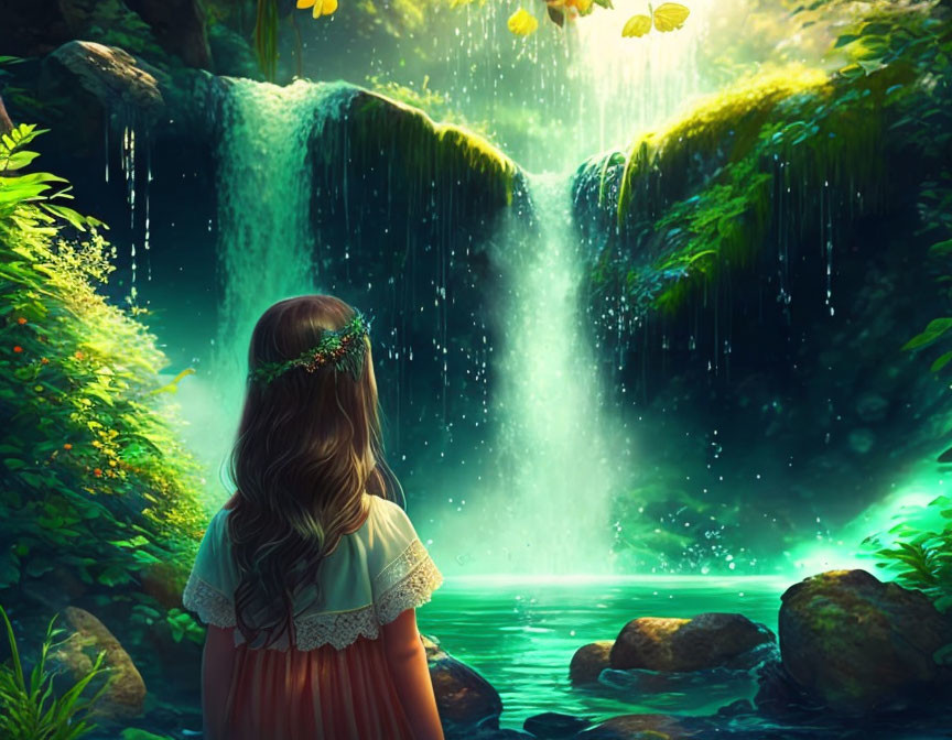 Girl with flower crown admires serene waterfall in mystical forest
