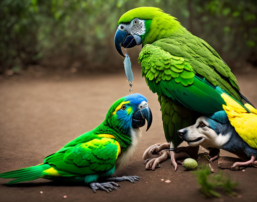 Colorful Parrots with Small Mammal on Dirt Ground and Blurred Background