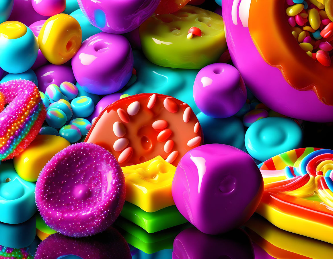 Vibrant digitally-rendered sweets and candies in various textures.