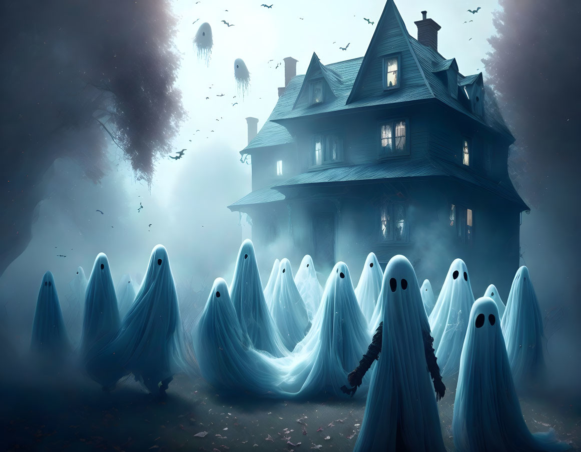 Eerie ghostly illustration of white-sheeted figures around a dark house