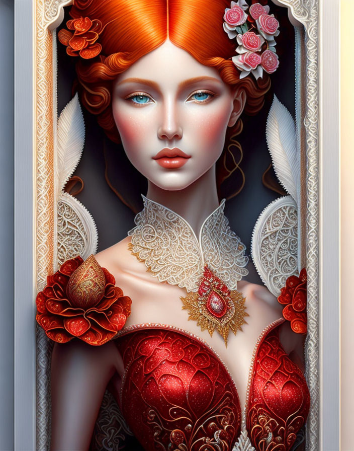 Vibrant red hair woman portrait with roses and ornate dress